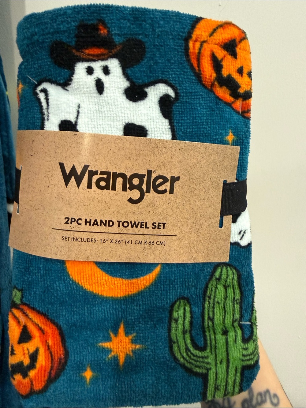 Wrangler Teal Halloween Print Hand Towel Set with Orange Pumpkins